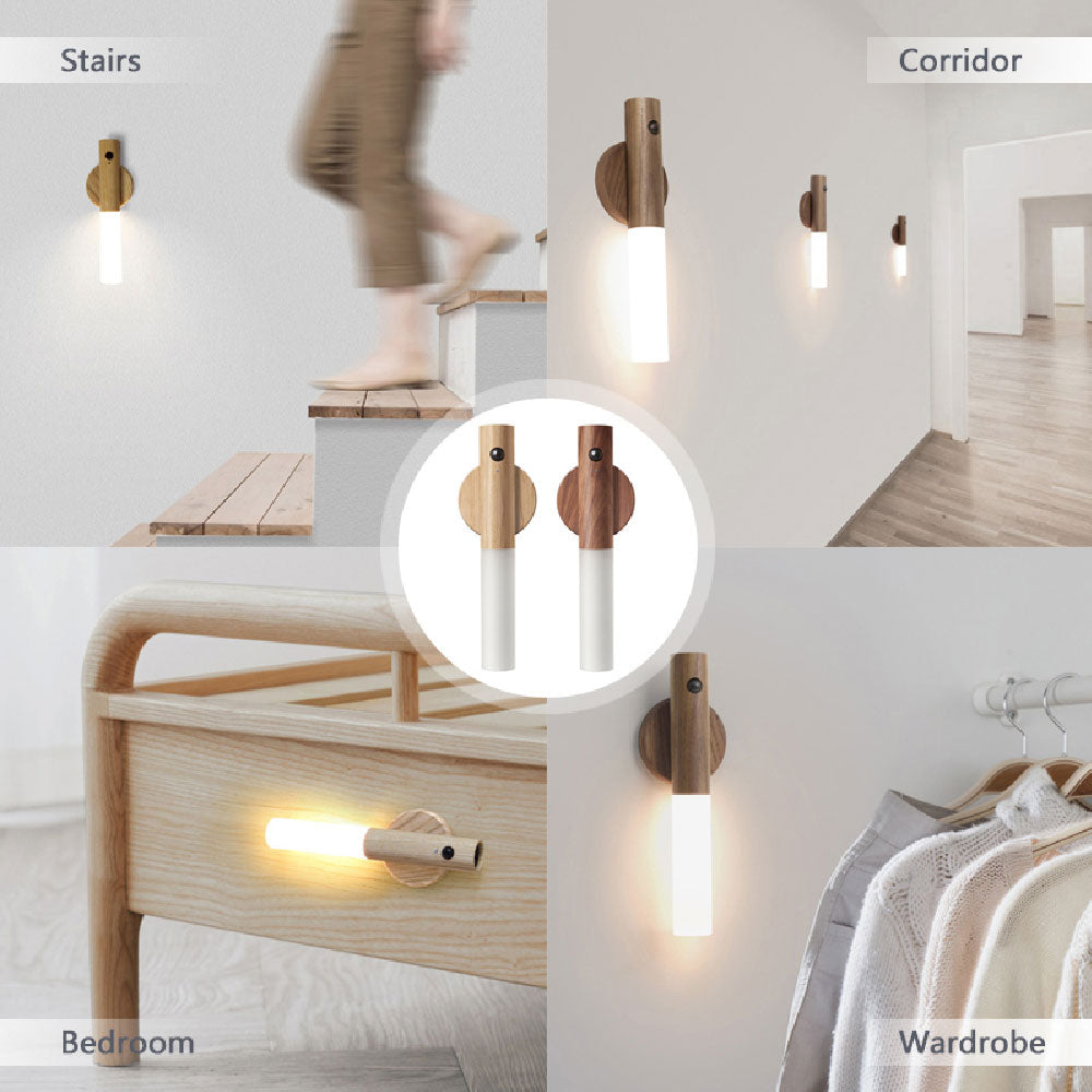 Magnetic Wooden LED Wall Light with PIR Motion Sensor – USB Rechargeable Night Light