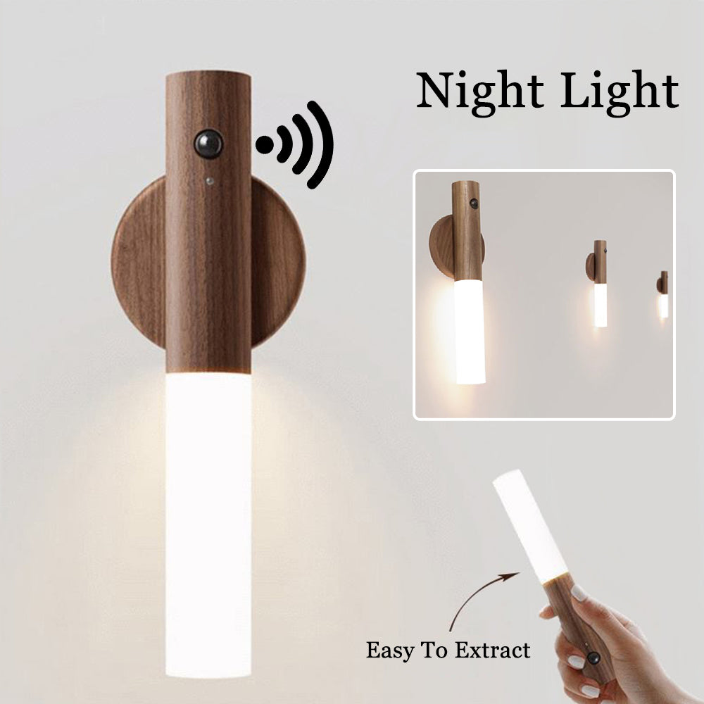 Magnetic Wooden LED Wall Light with PIR Motion Sensor – USB Rechargeable Night Light