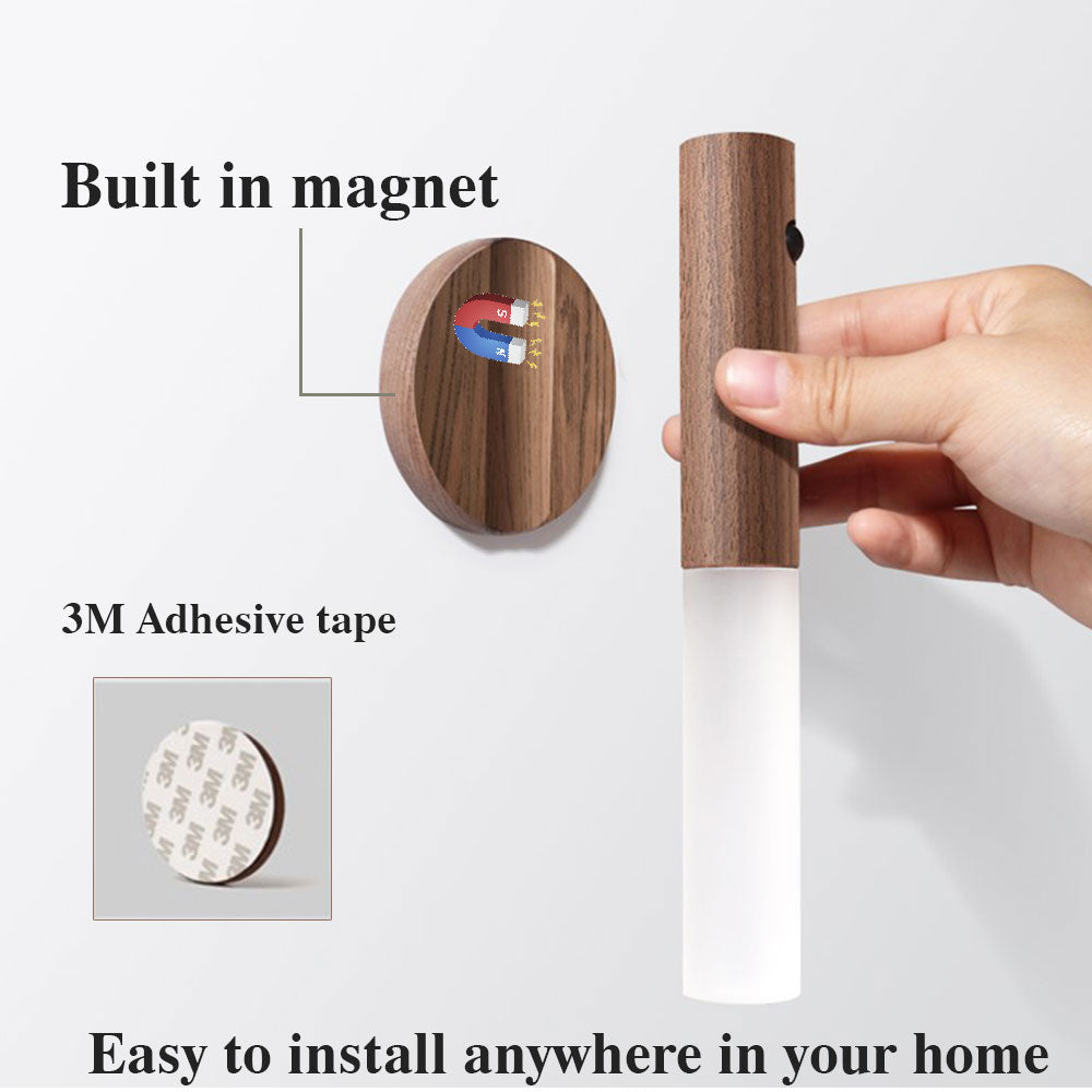 Magnetic Wooden LED Wall Light with PIR Motion Sensor – USB Rechargeable Night Light